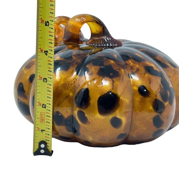 Art Glass Pumpkin Amber Orange Leopard Spot Ribbon Stem Shimmer 7 Inch - Picture 9 of 9